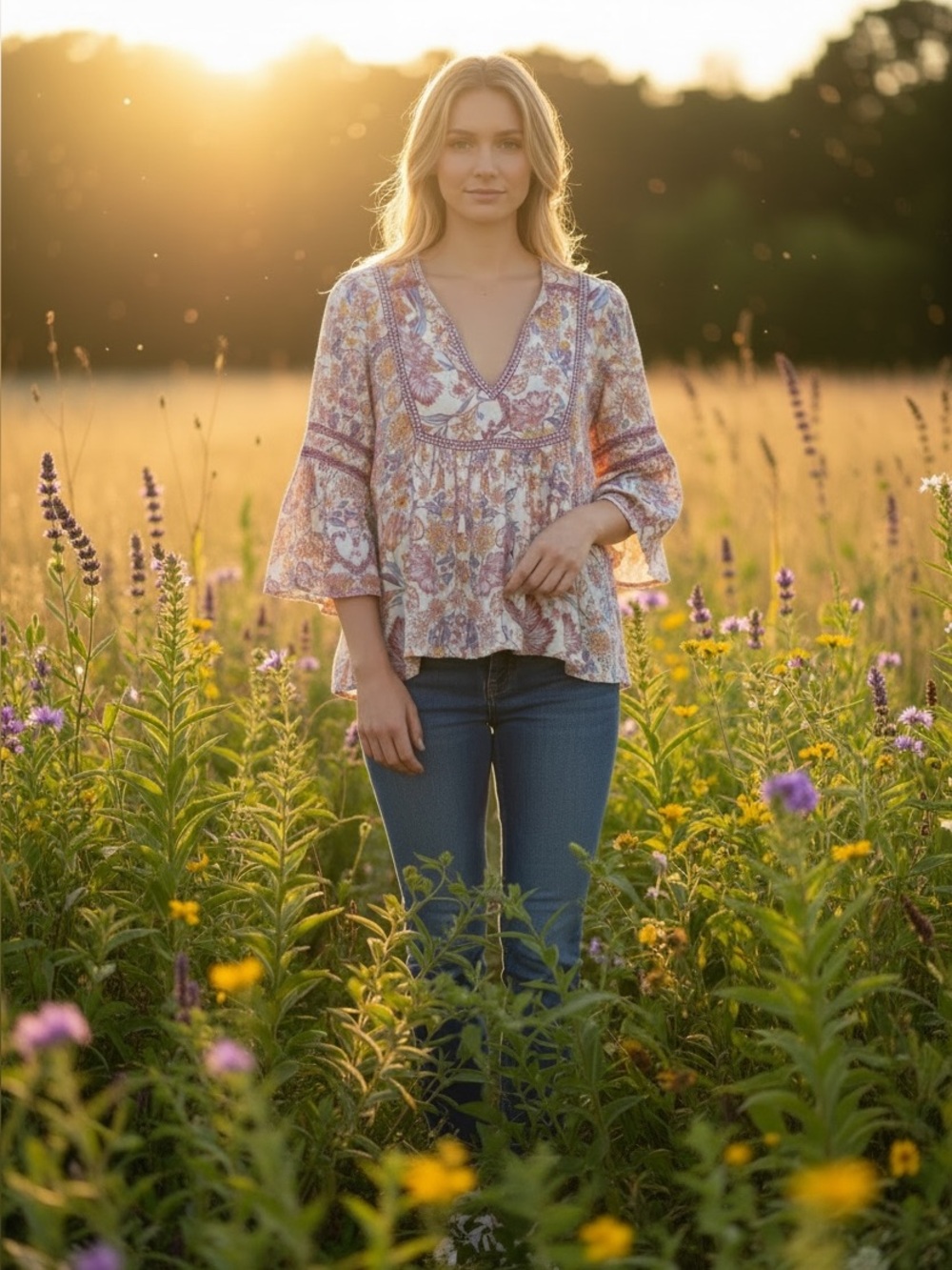 POL Floral V-Neck Women's Top